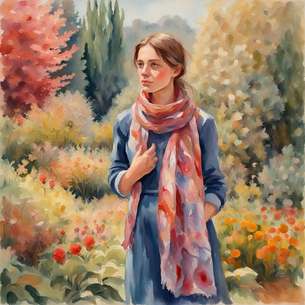 Girl in Autumn Garden, Gouache Impressionist Style