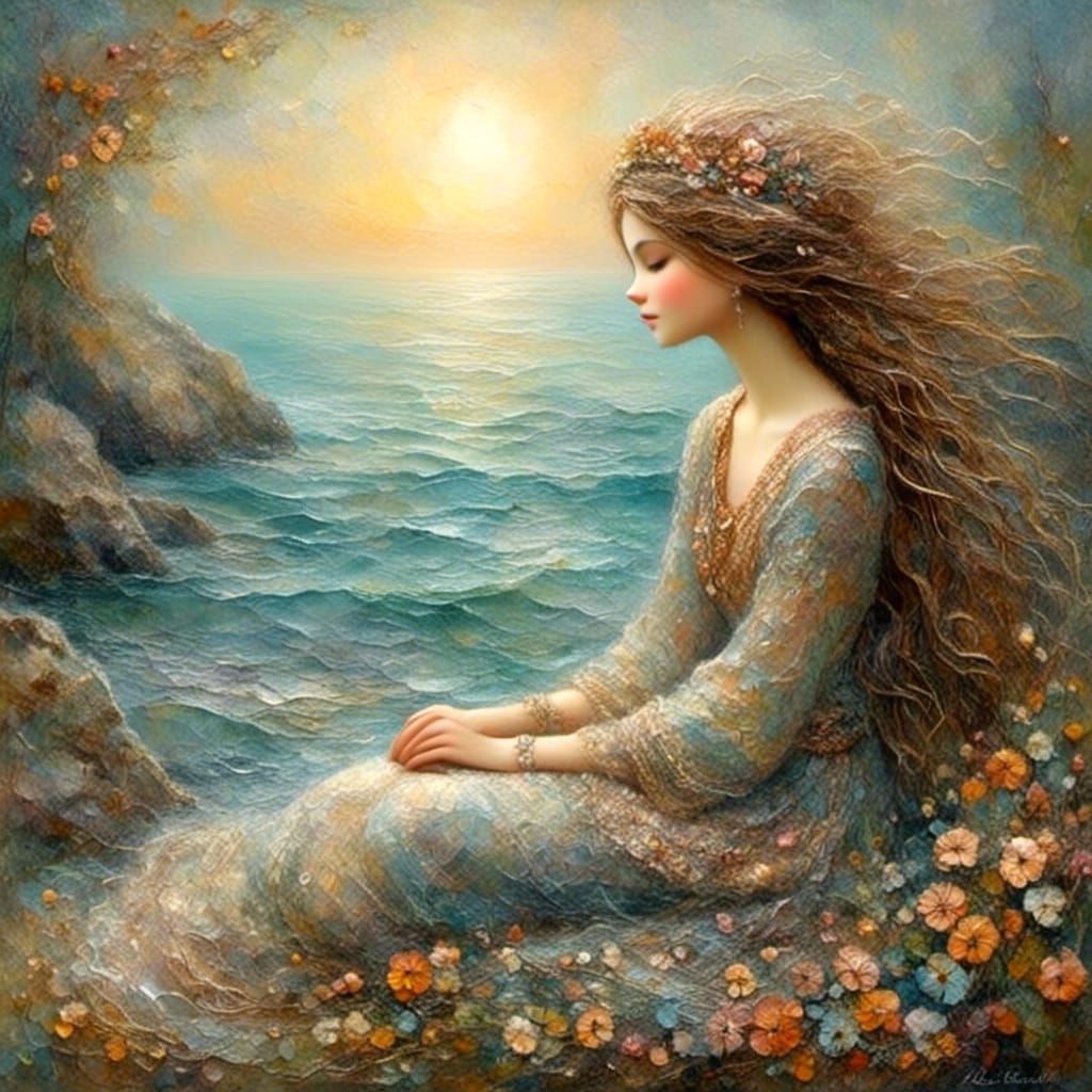 Dreamy Maiden in Garden by the Sea