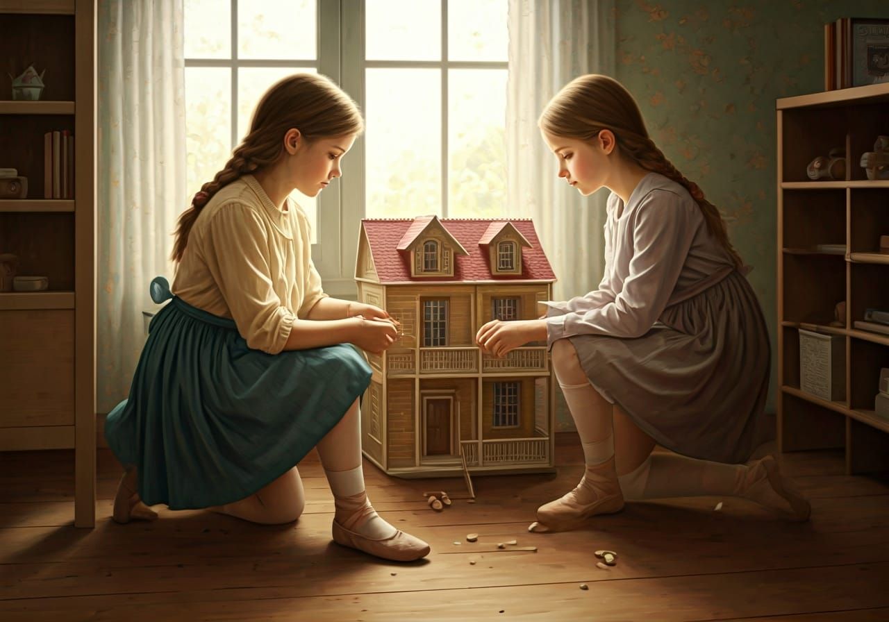 Girls Playing Dollhouse in Sparsely Furnished Room