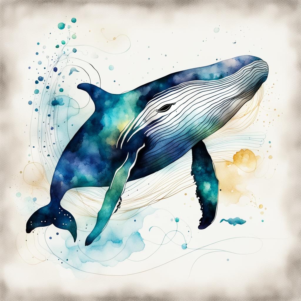 Whale in Iridescent Hues, Line Ink and Watercolour Fusion