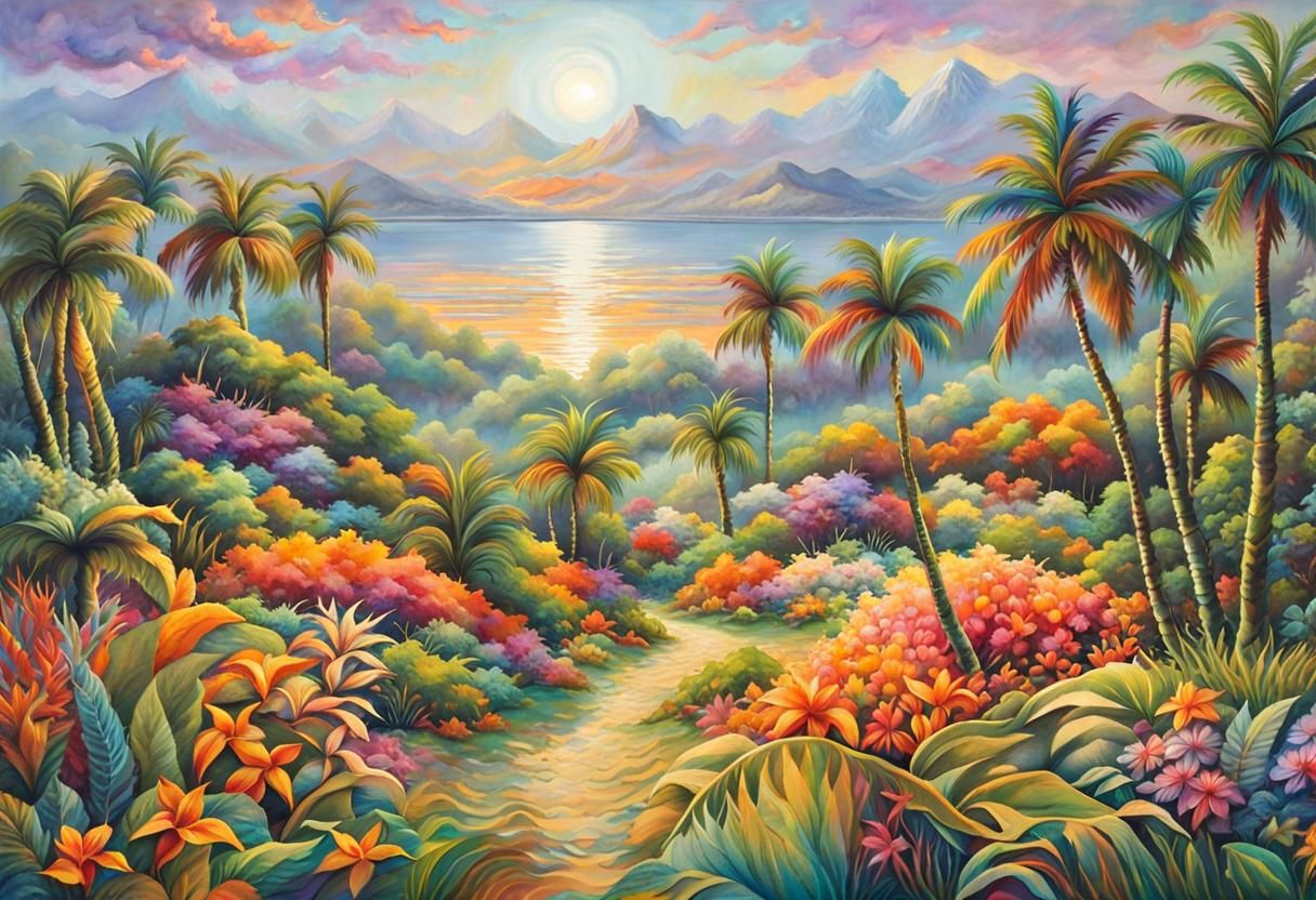Tropical Sunset Seascape with Orange-Haired Woman