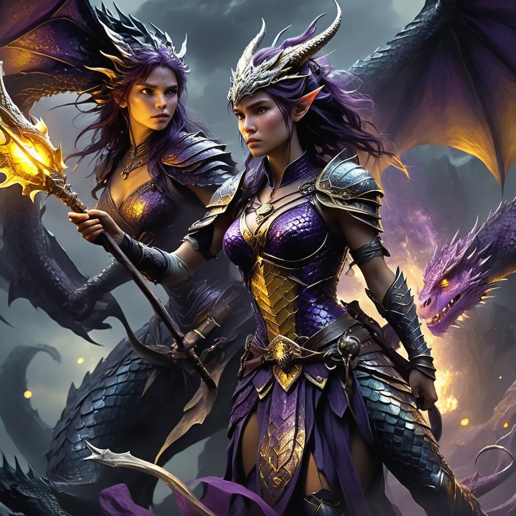 Woman Impales Dragon in Dark Fantasy Art