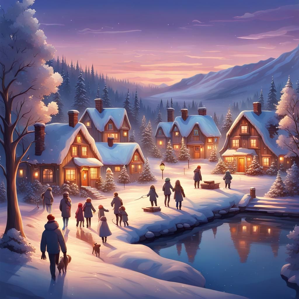 Snowy Village Scene at Dusk in Splash Art Style