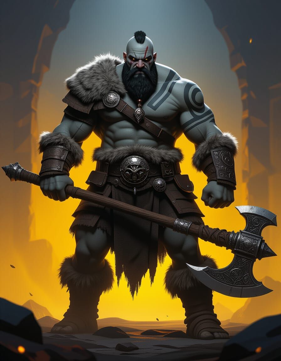 Mighty Tattooed Barbarian Warrior with Battle Axe