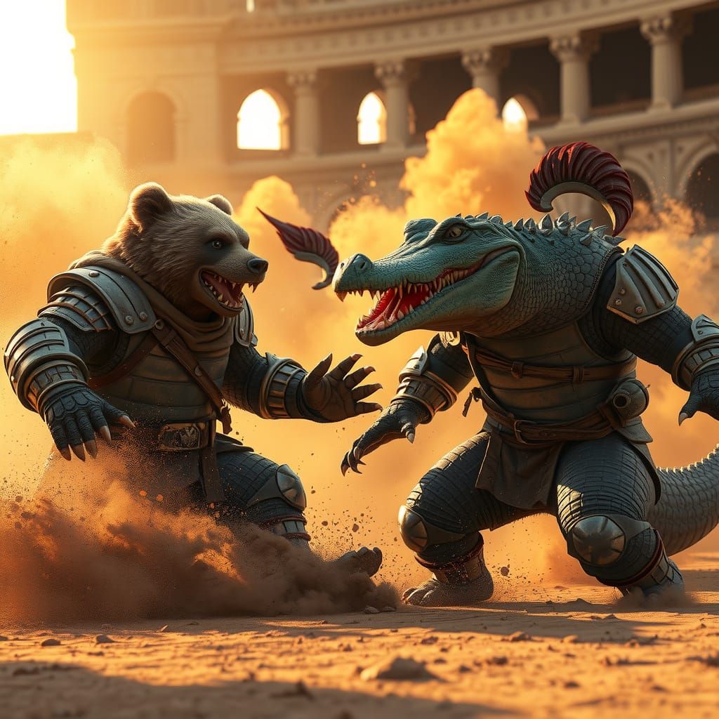 Ancient Arena Clash: Gladiatorial Bear and Crocodile in Cine...