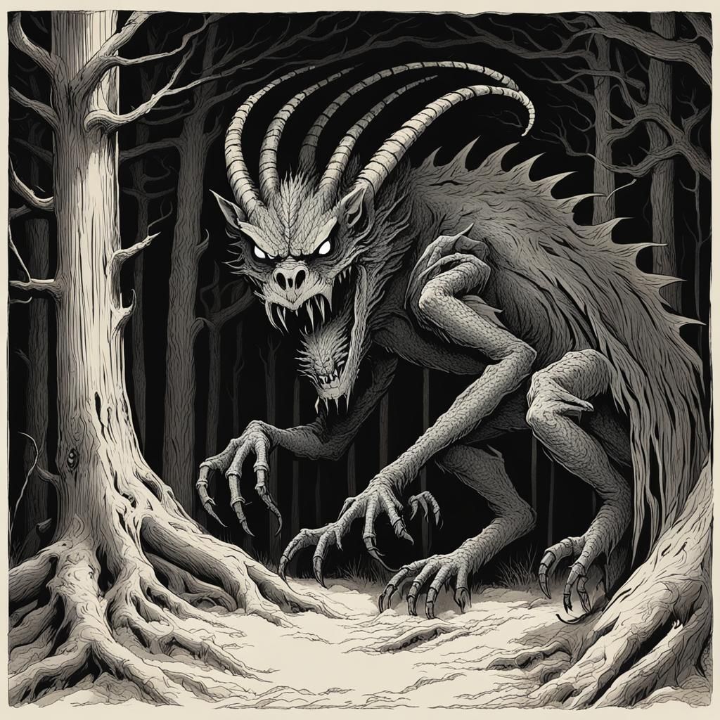 The glowing eyes and wicked claws and biting jaw, coming around a pine tree, the jabberwocky is lurking in classic fairy...