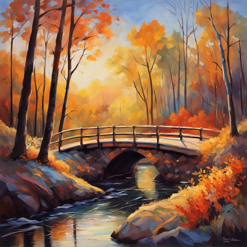 Autumn Bridge to Winter Wonderland in Vibrant Oil Painting