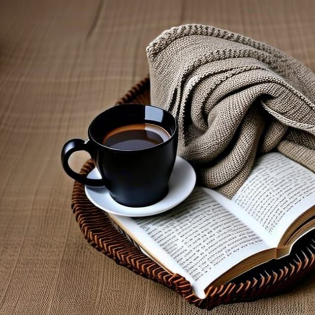 a cup of coffee, a book and a cosy blanket