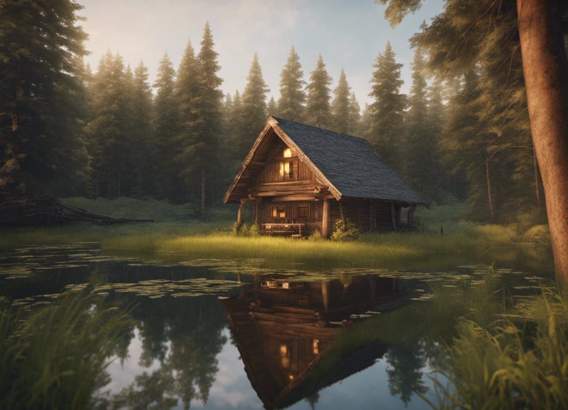 Rustic Cabin on a Serene Forest Pond