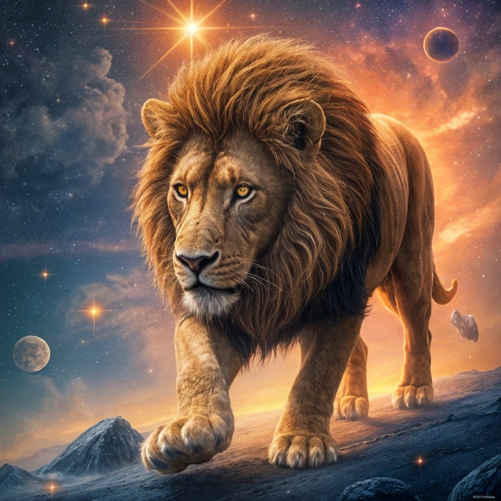 Lion with Stardust Mane in Celestial Galaxy