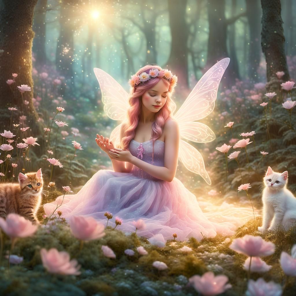 Luminous Fairy Creates Kittens in Forest, Fantasy Art