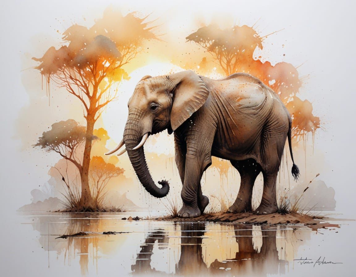 Elephant Sprays Sunrise Glow at Water's Edge