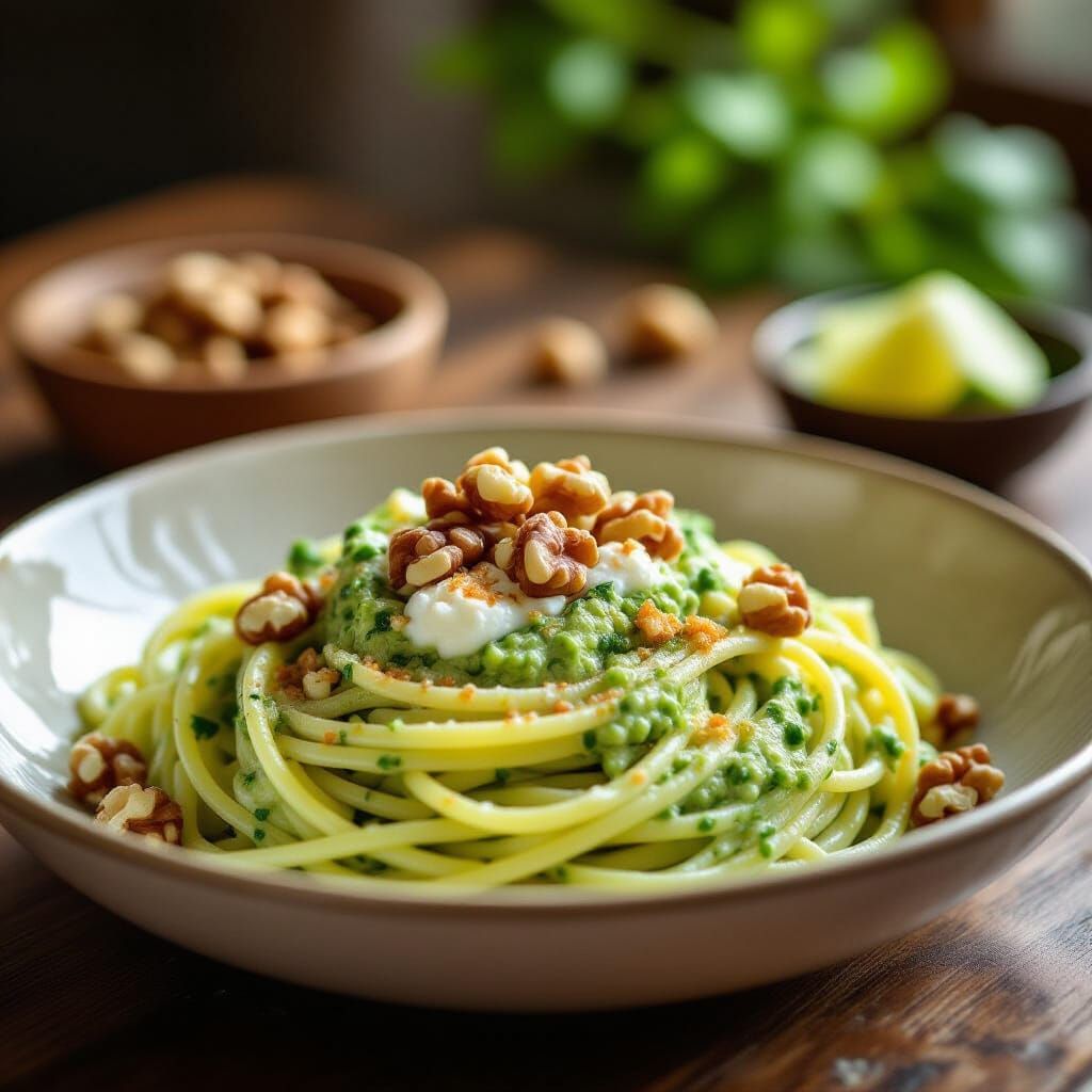 Pasta with Rocket Pesto, Walnuts, Ginger, and Lime