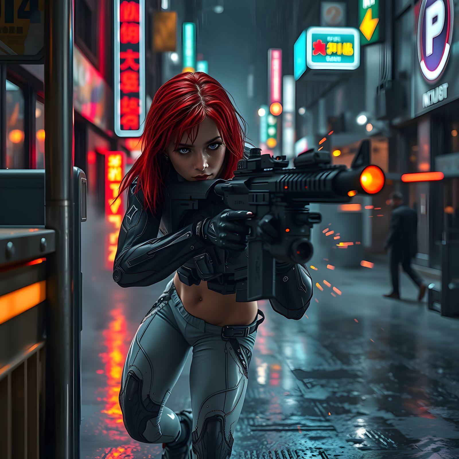 Cyberpunk Cyborg Gunfight in Rain-Soaked Alley