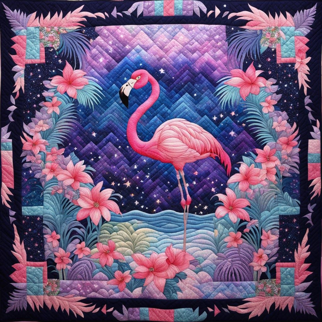 Retro Floral Quilt with Glittering Flamingo