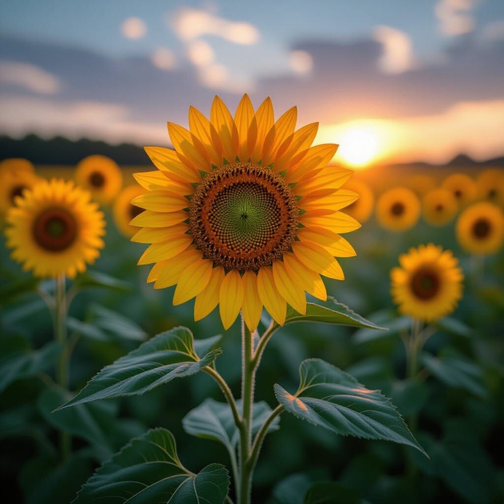 Wilting Sunflower Amidst New Growth, Hyperrealistic Style