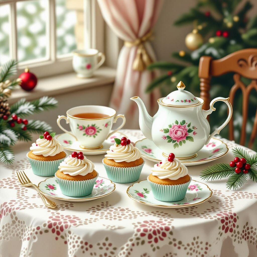 Pastel Christmas Cupcakes and Tea Set in Storybook Style