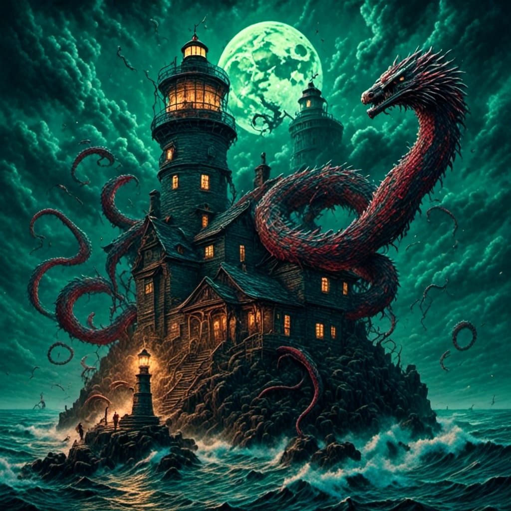 Quetzalcoatl by a Lighthouse Under Moonlight