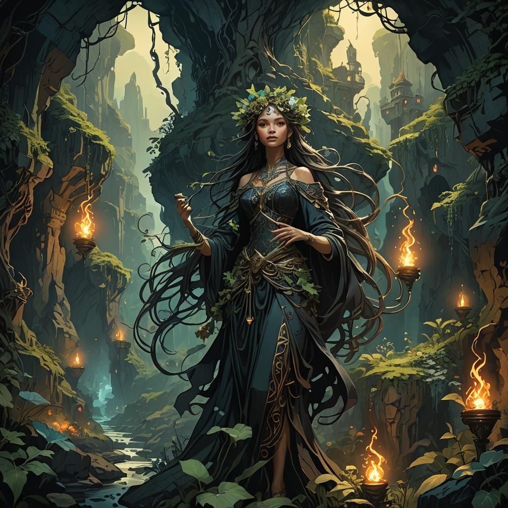 Ethereal Cave Village in Dark Fantasy Style