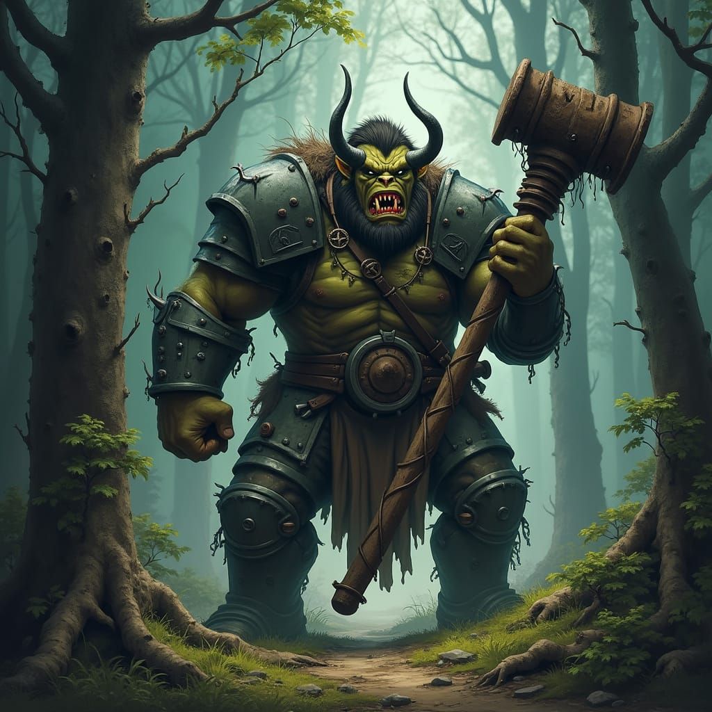 Armored Troll in Gloomy Forest, Dark Mystical Art