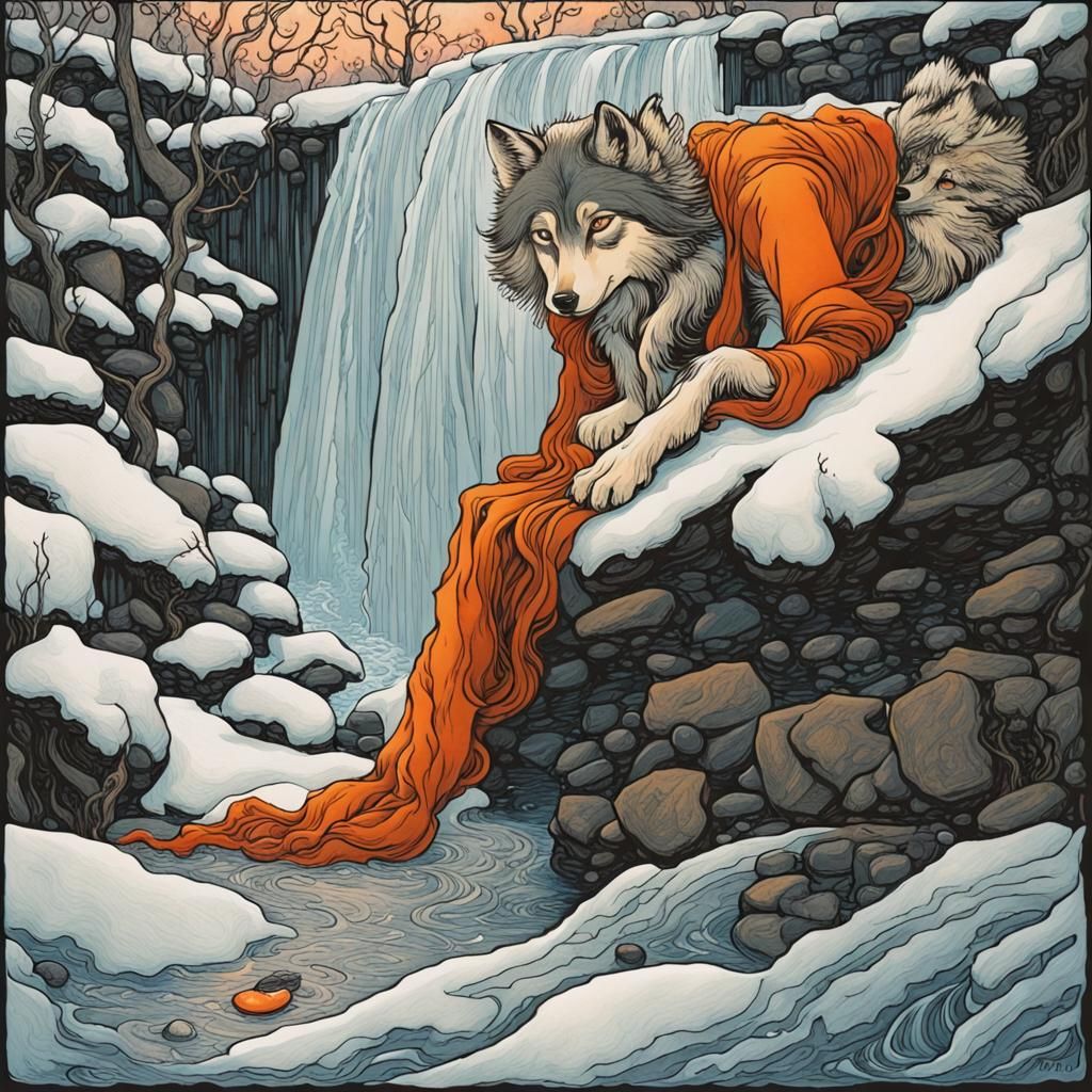 Winter Wolf Waterfall Illustration in Colored Ink