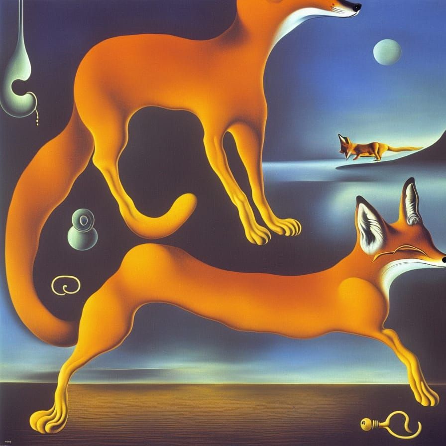 The fox enters the matrix surrealism Salvador Dali matte background melting oil on canvas