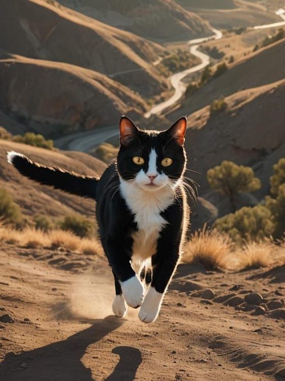 Tuxedo Cat Runs Through Hills in Cinematic Style