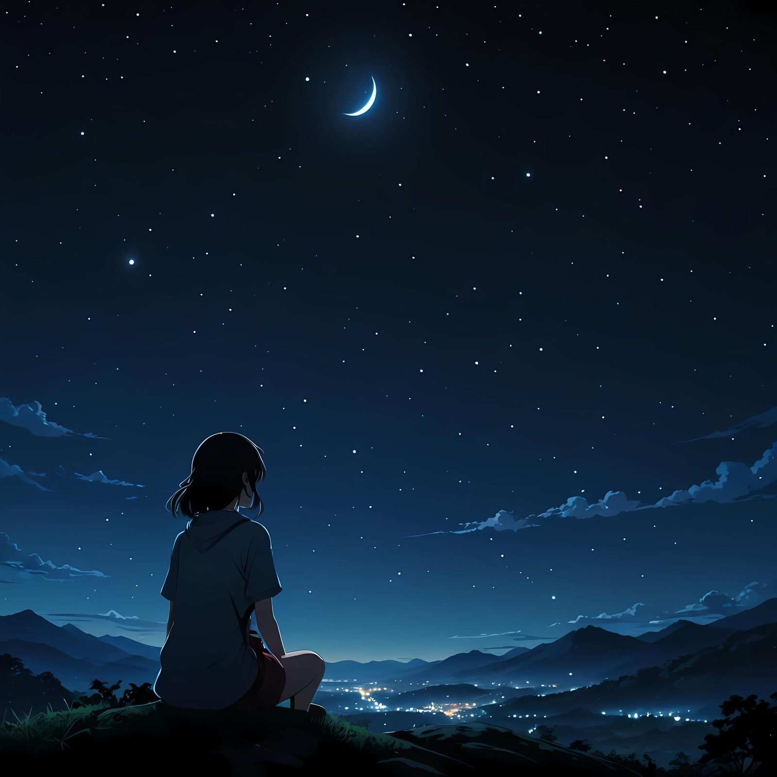 Anime Girl Alone Under Starlit Sky