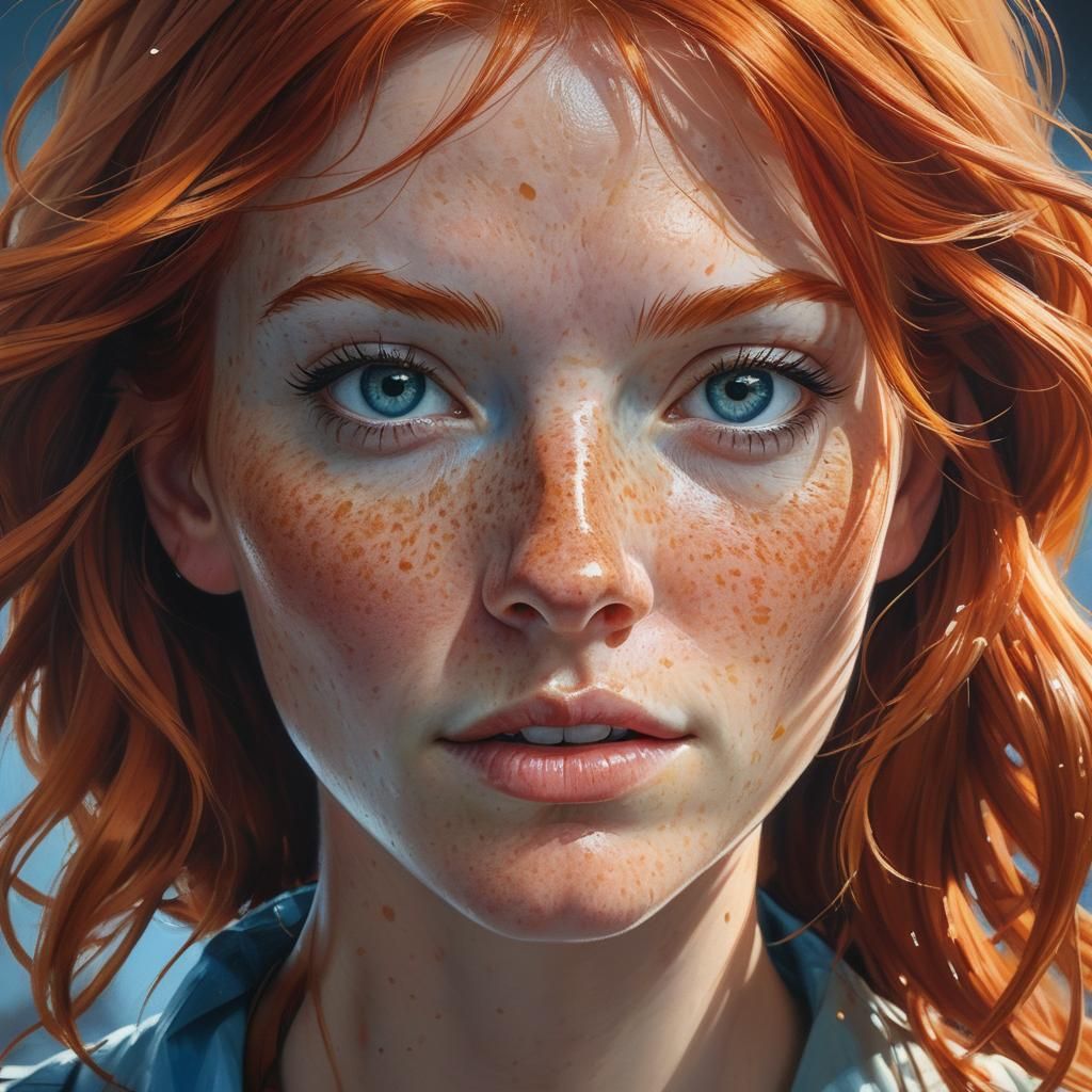 Freckled Redhead Portrait in Hyper-Realistic Oil Painting