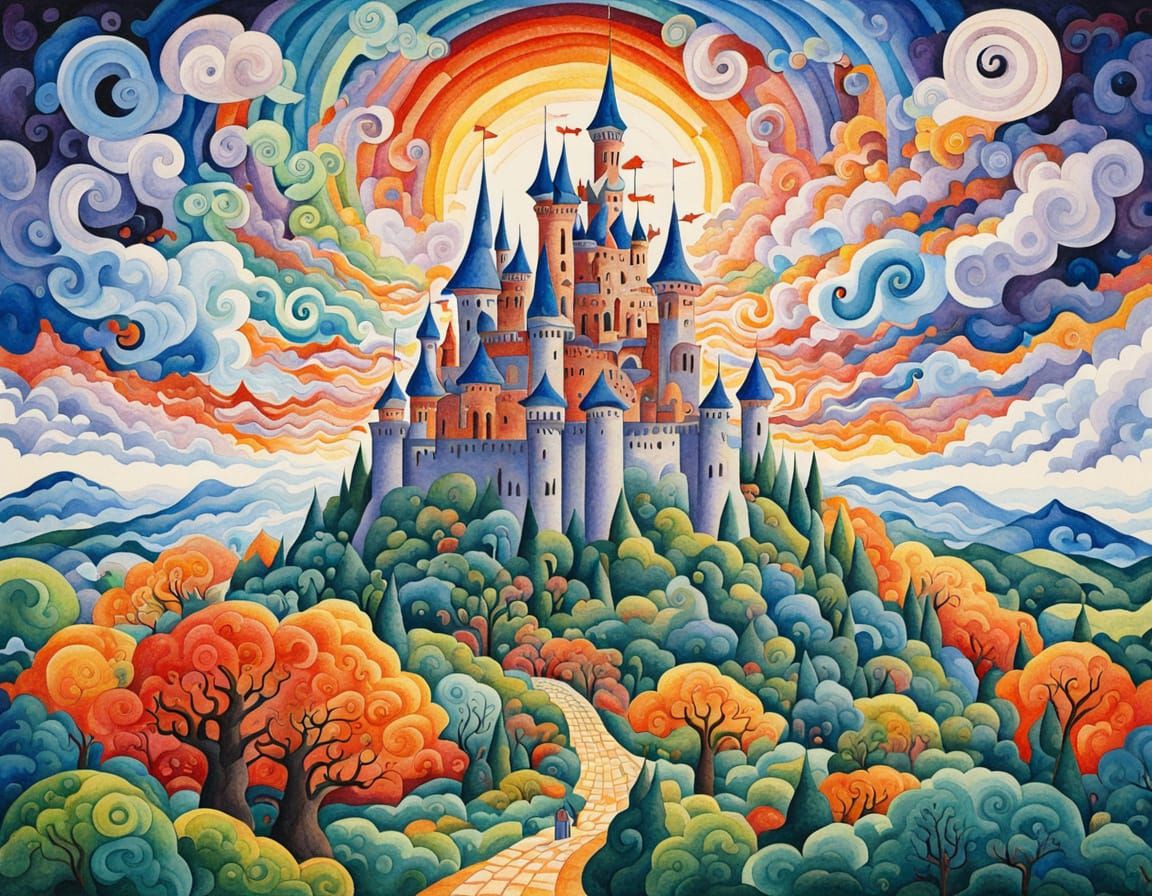 Surreal Castle Floating Among Vibrant Clouds in Whimsical St...