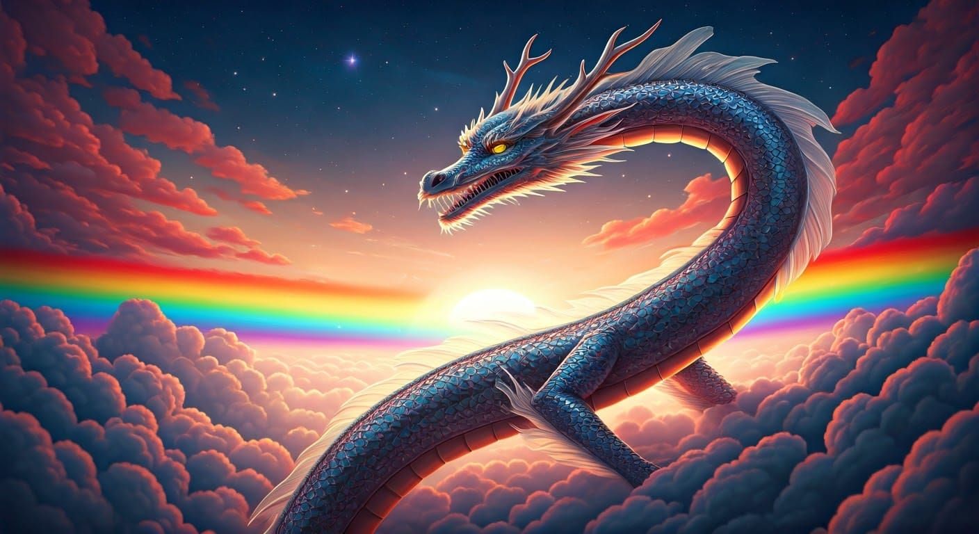 Ethereal Rainbow Dragon Among Clouds