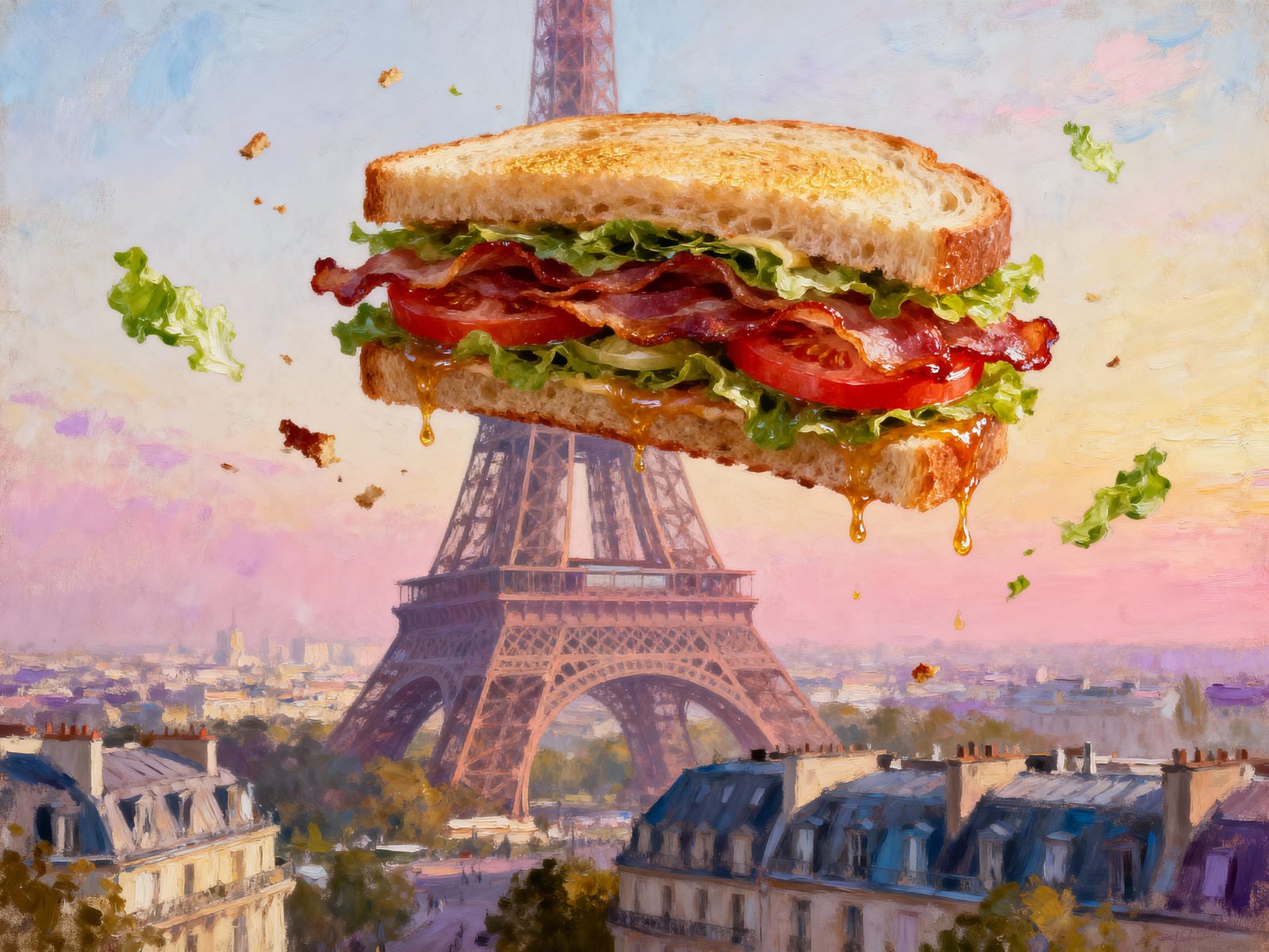 Surreal Giant BLT on Eiffel Tower in Impressionist Style