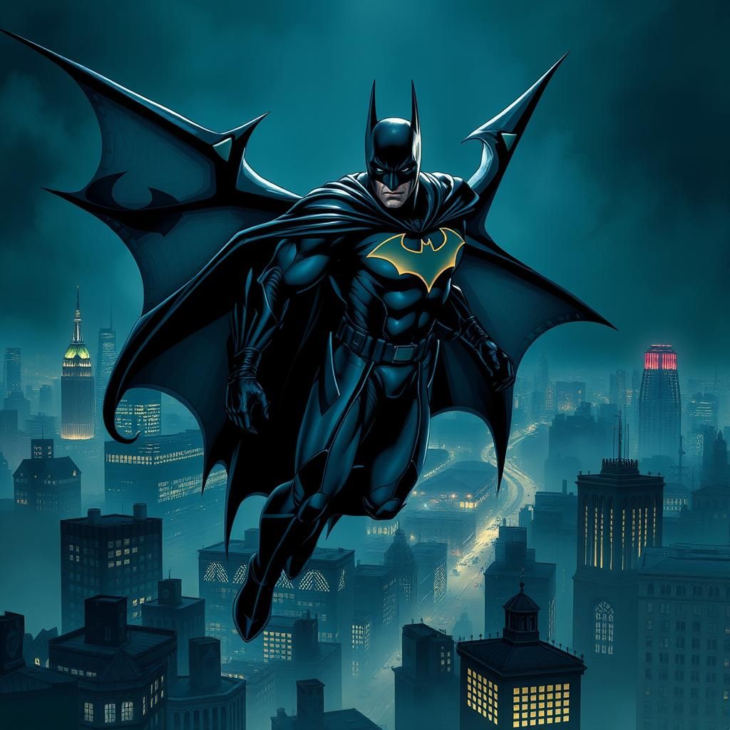 Gothic Batman Soaring Through Gotham in Comic Style