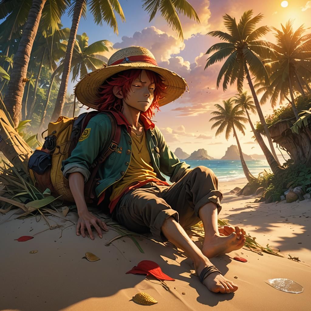 Robin and Luffy on Tropical Beach, Fantasy Art