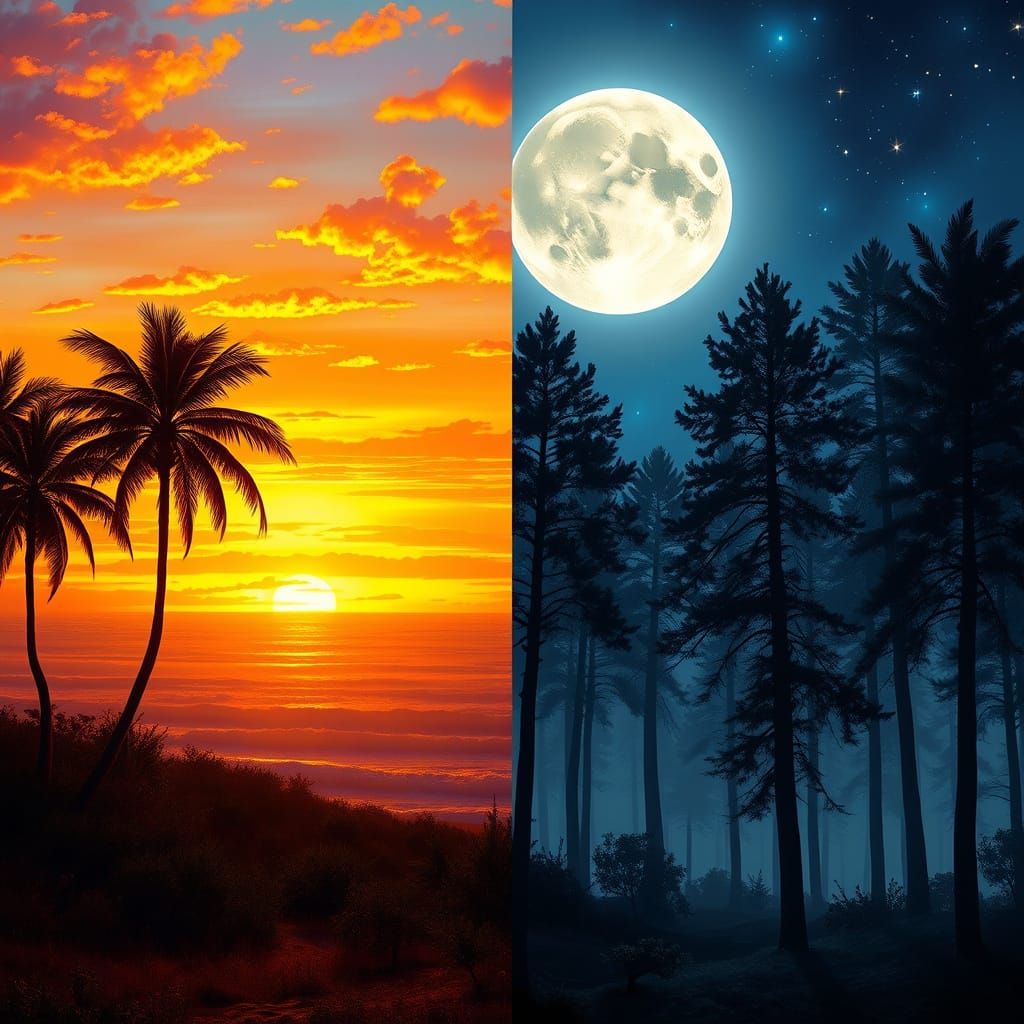 Split Screen Sunset and Moonlit Night