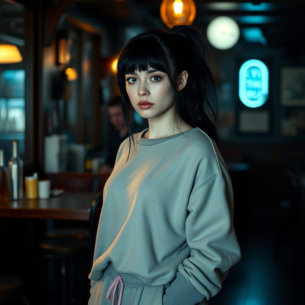 Cinematic Pub Portrait of a Woman with Ponytail