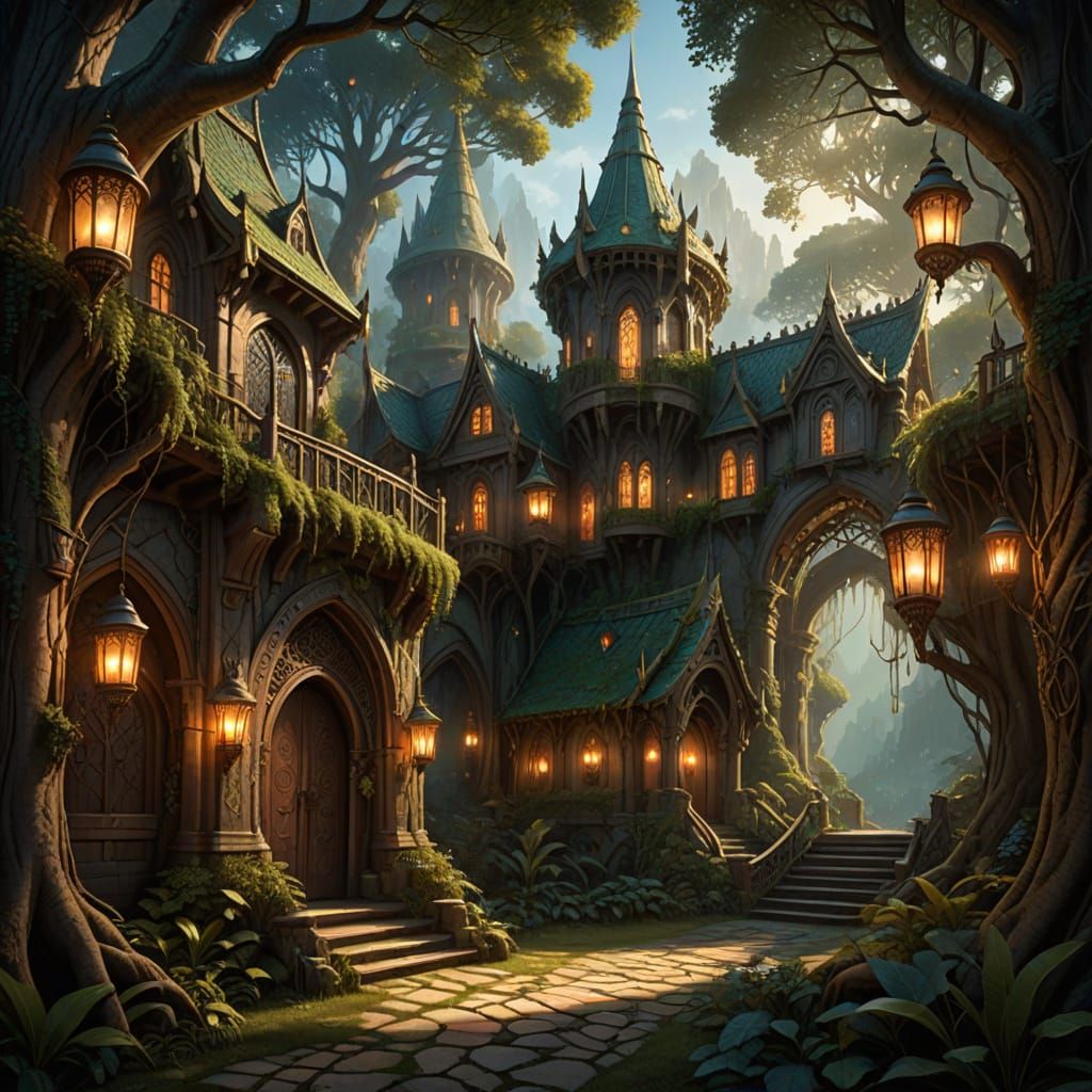 Elven City in Ancient Forest with Ornate Architecture