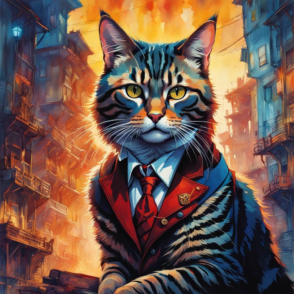 Musical Cat Portrait in Watercolor Style