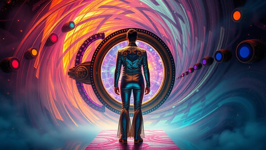 Surrealist Portal Traveler in Futuristic Jumpsuit