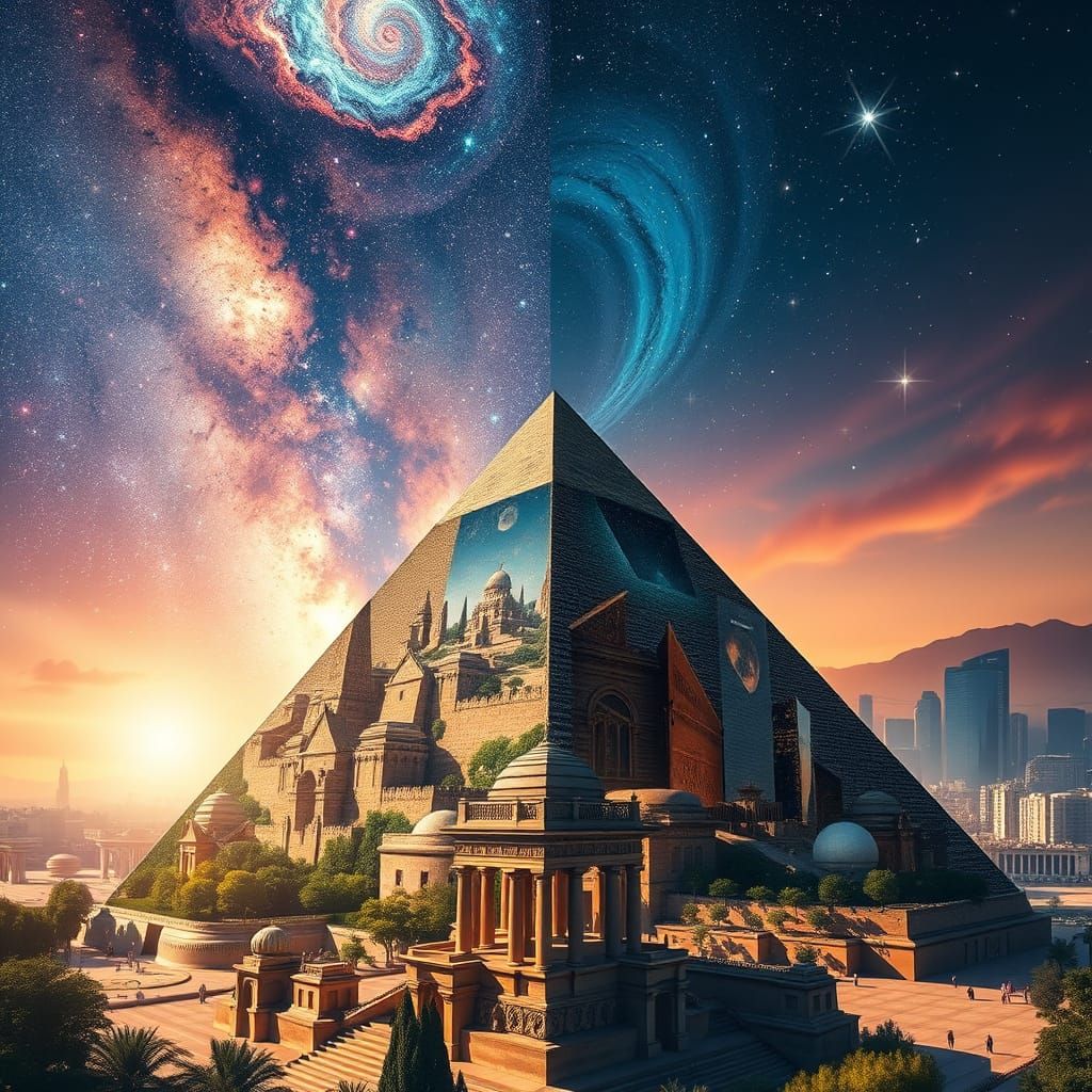 Galactic Cityscape with Pyramid Silhouette