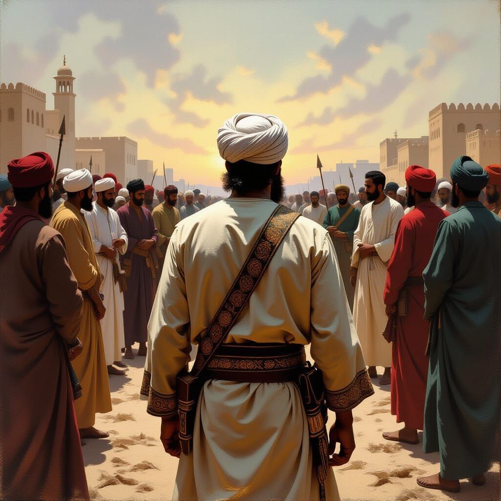 Muslim Man in Ancient Attire Amidst His People