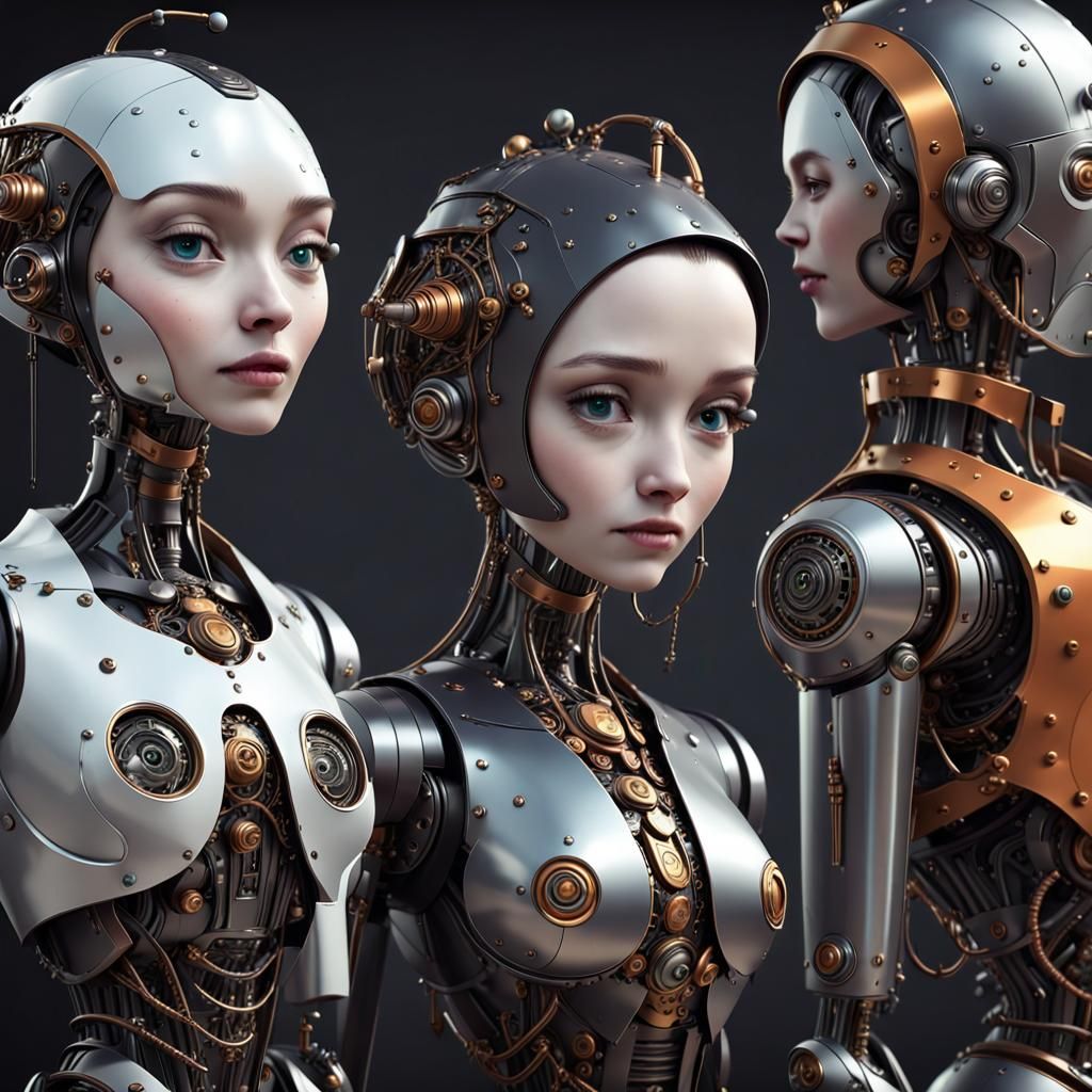 A collection of whimsical, stylized Imaginative robot designs, sleek and sophisticated androids.