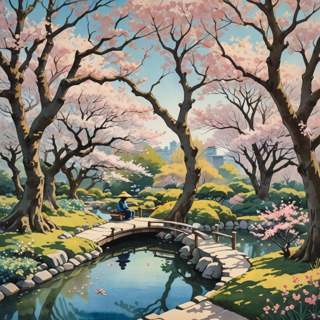 Peaceful Garden Meditation in Impressionist Gouache Style