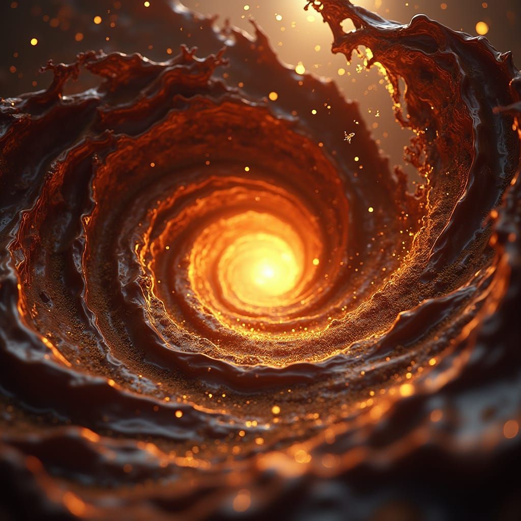 Rich Chocolate Vortex with Golden Light and Sugar Shards