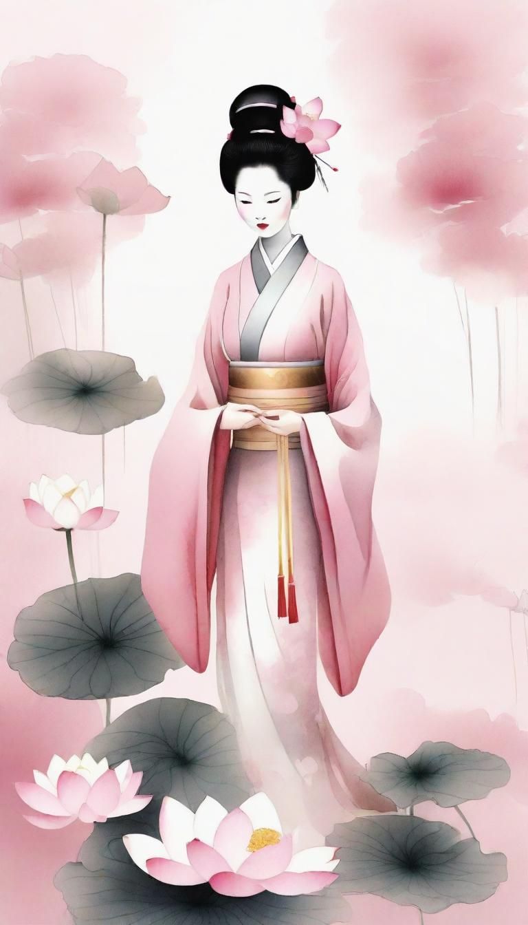 Geisha in Lotus Pond: Chinese Ink Painting
