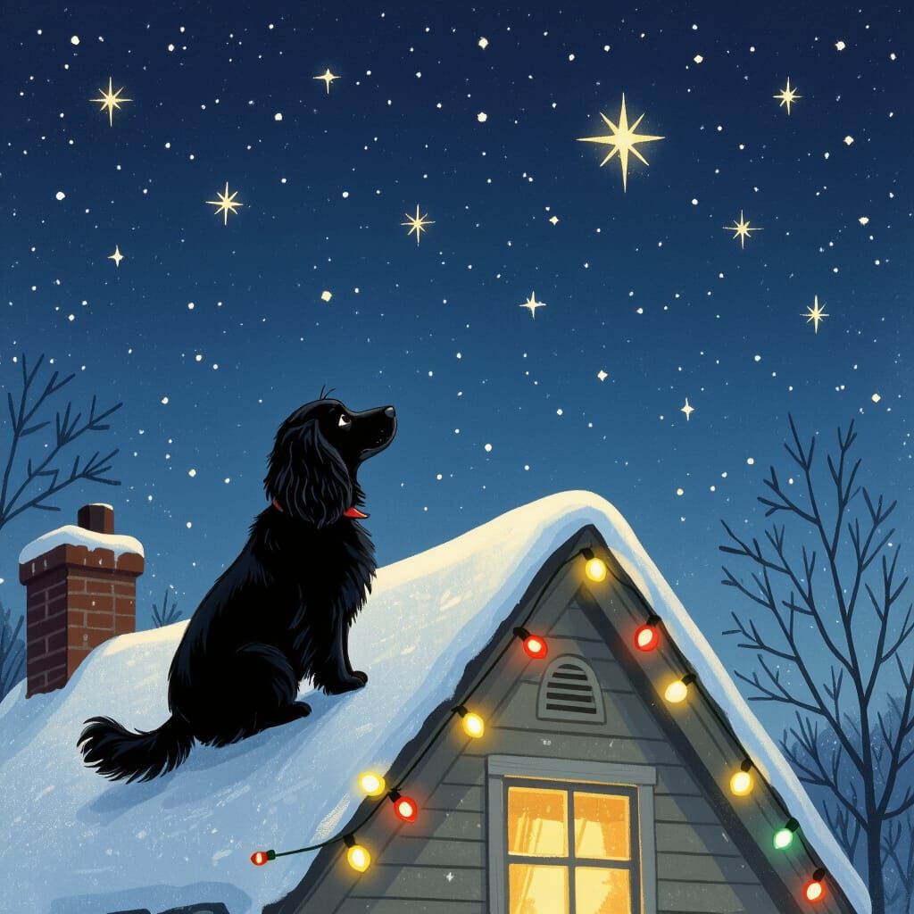 Black Spaniel on Snowy Roof Under Starry Christmas Night