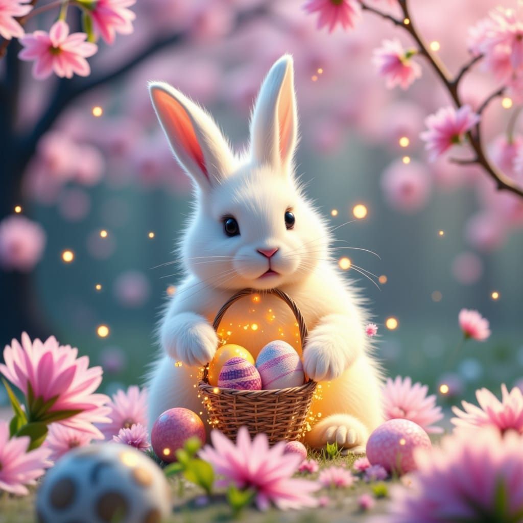 In a dreamy spring wonderland, a fluffy white bunny cradles a glowing Easter basket filled with colorful eggs. Delicate ...