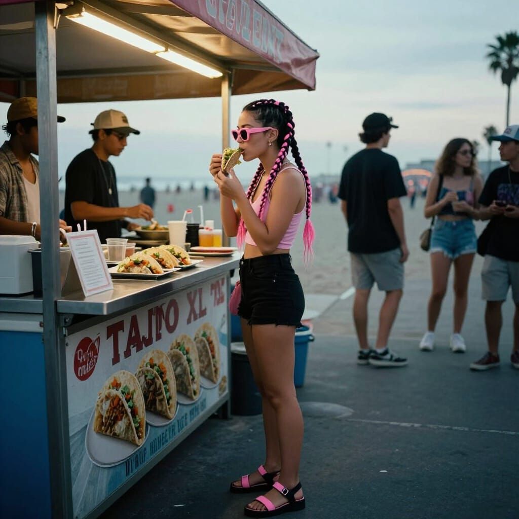 Punk Girl Enjoys Tacos at Venice Beach