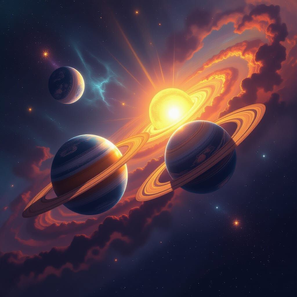 Cosmic Art: Planets Orbiting Golden Sun in Nebula