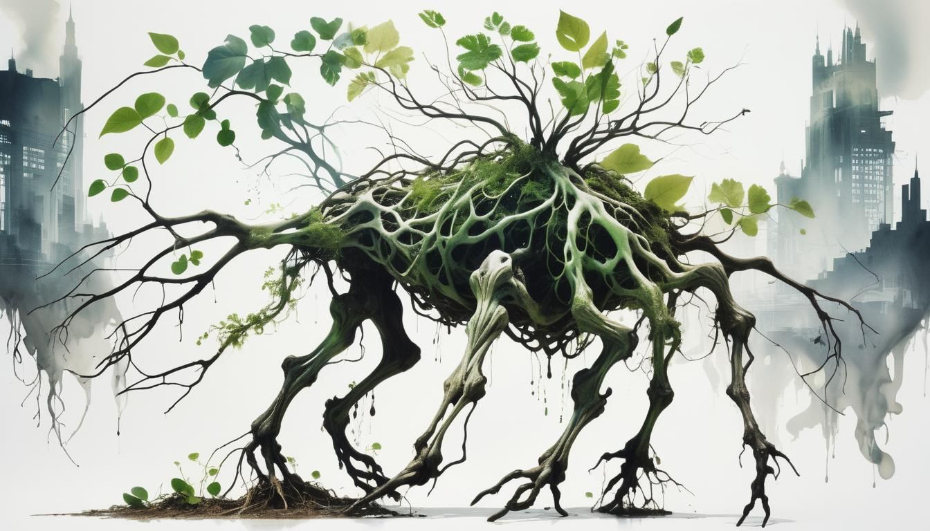 Surreal Double Exposure Creature in Dystopian Cityscape